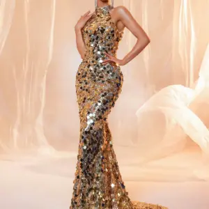 Gold Sequin Halter Neck Mermaid Maxi Dress for Formal Events