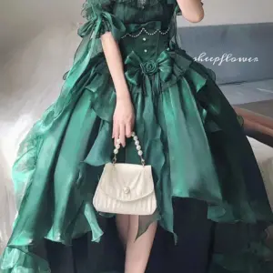 Green Flower High Waist Wedding Party Lolita Dress Sweet Girls Bow Bead Heavy Industry Trailing Puffy Princess Dresses