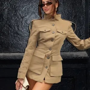 HH Woman Autumn Casual Street Style Jacket Women's Fashion Long Sleeves High Neck Pockets Single Breasted Decorate Slim Coats