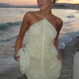 Halter Bead Fringe Dress Hanging Neck Fashion Sexy Backless Ladies Short Dress Slimming Shiny Socialite Women Party Evening Gown