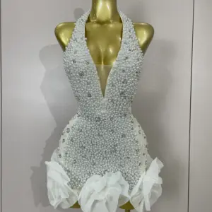 High Quality Luxury Shiny Diamonds Pearl Flowers Deep V Halter Short Dress Women Celebrate Eveing Celebrity Birthday Party Dress