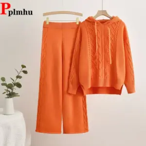High Waist Sweatpants Outfit New Fall Winter Knitted 2 Piece Sets Women Casual Hooded Knitwears Sweater Pullover Tops Conjuntos