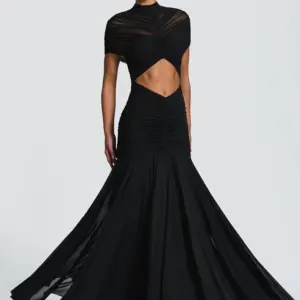 JULISSA MO Patchwork Sexy Hollow Out Sheer Mesh Women Maxi Dress Turtleneck Ruched Dress Spring Slim Elegant Party Evening Dress