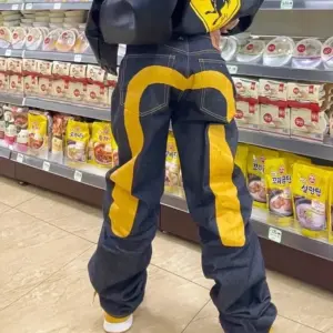 Jeans Women Gothic Y2K Retro Streetwear Black Cargo Punk Vintage Kpop Print Wide Leg Denim Panrts Female Autumn Trousers Pants