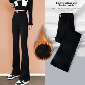 Jeans Women's Winter 2023 New Fleece-lined Thickened High-waisted Slimming Versatile 9-point Flared Bell Bottom Pants
