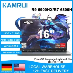 KAMRUI Gaming Laptop 16inch FHD AMD Ryzen7 7735HS/H 255/R9 6900H 16GB DDR5 512GB SSD Radeon 680M WiFi6 Win11PRO Backlit Keyboard