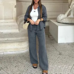 KONDALA Casual Gray Women Suit Long Sleeve Pockets Buttons Shirts+High Waist Wide Leg Pants Fashion 2025 Autumn Office Lady Suit