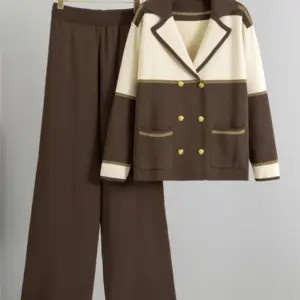 Korean Design Knitted 2 Piece Sets Women Lapel Neck Double Breasted Knitwears Sweater Cardigan Conjuntos High Waist Pants Outfit