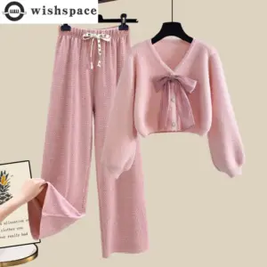 Korean Style Bow Knit Sweater Cardigan Casual Wide Leg Pants Two-piece Elegant Women's Pants Set Winter Tracksuit