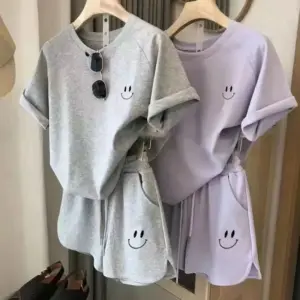 Loose Casual Sportswear Set Summer Simple Fashion Anti-aging Two-piece Set Large Quantity Special Smile Polyester Fiber
