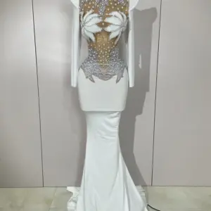 Luxury Sparkly Diamonds Pearl White See Through Mesh Long Dress Women Wedding Evening Party Stage Performance Photoshoot Dress