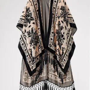 MJSERECA Bohemian Fashion damski, puszysty kimono, długi kardigan z frędzlami, narzutka plażowa, luksusowy, świąteczny, swobodny kardigan, szal