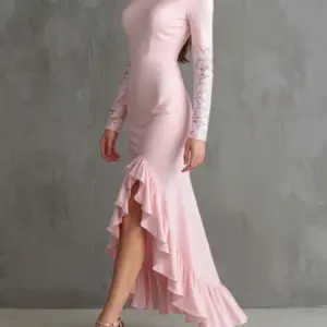 Maxi Dress Spring Summer Women Pink Mock Neck Lace Sleeve Ruffle Split Hem Elegant Romantic Party Wedding Evening Dress