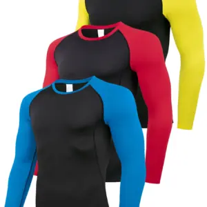Men's Compression Fitness Top, Quick-Dry Sweat-Wicking Long Sleeve Casual Sport Base Layer, Durable Color Block Pullover Top Fit
