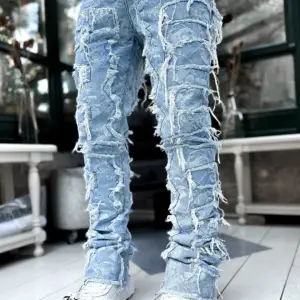 Men's Regular Fit Stacked Jeans Ripped Slim Fit Patch Distressed Destroyed Straight Denim Pants Hip Hop Streetwear Trouser Cloth