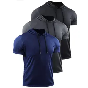 Men's Running T-shirt Sportswear Hooded Tops Tee Workout Tracksuit Training Male Clothing Elastic Gym Fitness Sport T Shirt Men