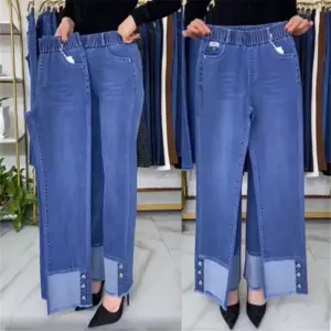 Middle-aged Women's Jeans Spring Autumn Stretch Waist Straight Denim Pants Large Size Loose High Waist Casual Black Blue Trouser