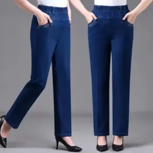 Middle aged elderly Women's Jeans Embroidered Pockets Elastic waist Mom Pants Casual Denim Straight leg Trousers 2025 New Spring