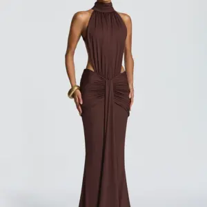 Mozision Turtleneck Backless Sexy Maxi Dress Women Gown Elegant Off-shoulder Sleeveless Ruched Bodycon Club Party Long Dress