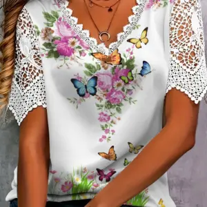 New Boho Flower Blouses Womens Fashion Shirt V-Neck Short Sleeve Flower Print Shirt Tops Casual Loose Ladies Floral Lace