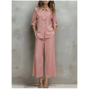 New Roll Up Sleeves Shirt Trousers Women 2piece Set Fashion Shirt Female Office Suit Casual Loose Wide-legged Long Two-piece Set
