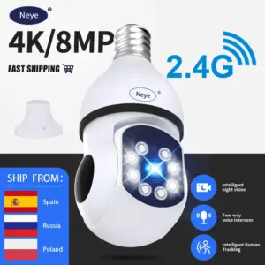 Neye 8MP 4K WiFi Security Light Bulb Camera Home Indoor 5X Zoom Panoramic PTZ IP Camera CCTV Smart Home Security Camera