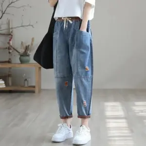 Nine Point ripped Jeans For women Summer 2025 new Loose Thin Elastic waist Casual Harem pants Female denim Ankle Length pants
