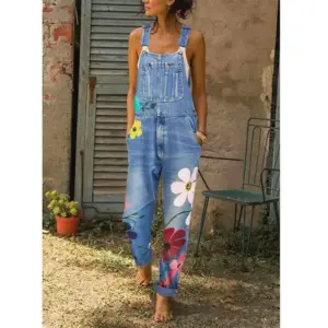 Overalls Women Jeans Long Pant Denim Pants Floral One Piece Suspenders Straight Trousers Splice High Waist Casual Autumn