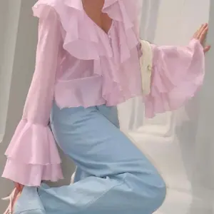 Oymimi Elegant Pink Ruffled Women's Shirt Fashion V-Neck Petal Sleeve Solid Blouses Casual New Button Shirts Female Streetwear