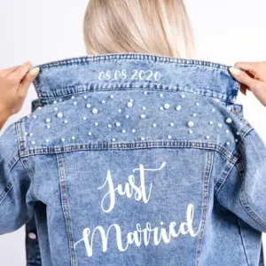 Personalised Ladies Pearl Embellished Denim Jacket Bride Denim Jacket New Mrs Just Married Custom Bride Wedding Jacket with Date