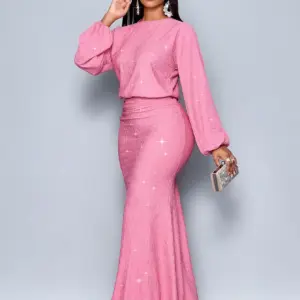 Pink Sparkly Mermaid Hem Bodycon Maxi Dress with Long Puff Sleeves for Evening Party