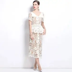 Quality Summer Beaded Diamonds Embroidery Beige White Lace Evening Dress Women Short Sleeve Ruffle Peplum Midi Prom Dresses Long