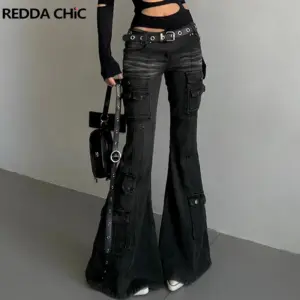 REDDACHiC Acubi Fashion Czarne jeansy dzwony Retro Whiskers Skinny Stretch Low Rise Cargo Pants Damskie spodnie w stylu grunge Alt Streetwear