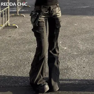 REDDACHiC Black Low Waist Cargo Jeans 2000s Distressed Whiskers Multi-pocket Stretch Bootcut Pants Women Retro Grunge Streetwear