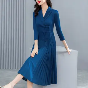 Red Long Sleeve Chic Midi Pleated Dress Autumn Winter Fashion Elastic Office Dress Women Black Korean Vintage Party Vestido