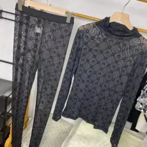 Retro Two Piece Set Women Korean Fashion Long Sleeve Moon Velvet Printed Base Shirt Pants Set Thin Perspective Spicy Girl Sexy