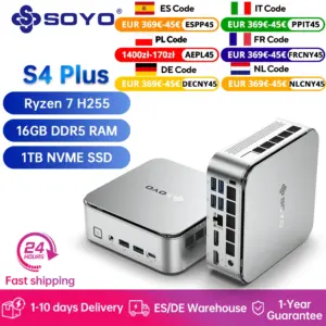 SOYO S4 Plus Mini PC AMD Ryzen 7 H255 CPU 16G DDR5 RAM (Upt 64GB) 1TB SSD PCIE3.0 NVME WIFI6 BT5.2 Dual 4K@120Hz Gaming Computer