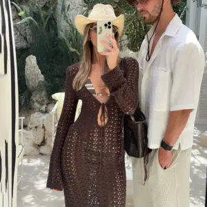 Sexy Bikini Cover Up Lace Hollow Crochet Swimsuit Beach Dress Women 2025 Summer Cover-Ups Coffee Bathing Suit Beach Wear Tunic
