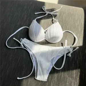 Sexy White Ribbed Swimsuit High Waisted Bikini Push Up Women String Halter Swimwear 2026 Lace-up Bathing Suit Bikinis Sets Mujer