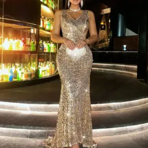 Shiny Sequin V-Neck Backless Mermaid Dress for Party, Prom, Cocktail & Formal Events
