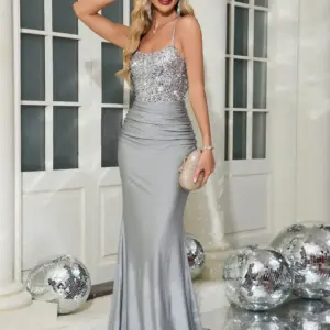 Silver Sequin Bodice Mermaid Maxi Dress with Ruched Waist and Spaghetti Straps