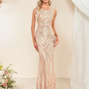 Sleeveless Mermaid Hem Sequin Gold Formal Evening Gown for Wedding Guest or Graduation