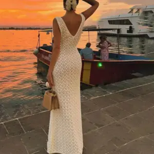 Solid Color Hollow Knitted Beach Vacation Dress Elegant Sleeveless Skinny Cover-up Dress Women Sexy Perspective Swimwear Dress