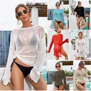 Solid Color Long Sleeve Beach Top with Side Slit Pullover Design for Women Fashionable Casual Beachwear Beach Cover-Up Smock