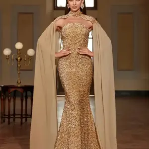 Sparkly Gold Sequin Mermaid Gown with Detachable Cape, Strapless Evening Dress for Parties & Banquets