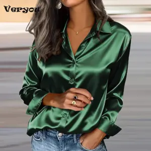 Spring And Autumn Women's Lapel Shirt Button Cardigan Top Black Green Red Elegant Fashion Office Basic Blouses For Female Shirts