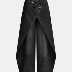 Spring Autumn Fashion Women Cross Front Wide-Leg Denim Jeans Button Pocket Washed Jean Casual Harajuku Street Loose Trouders