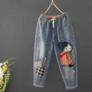 Spring New Korea Fashion Patch Designs Cartoon Embroidery Loose Women Jeans Elastic Waist Casual Cotton Denim Harem Pants V987