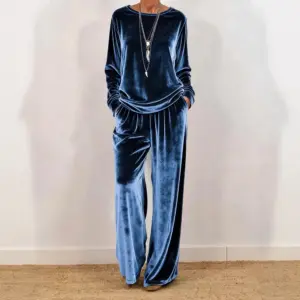 Spring New Velvet 2 piece set Fashion Solid Color O-Neck Pocket Commuting Top+Wide Leg Pants Set Ladies Casual Loose Outfit