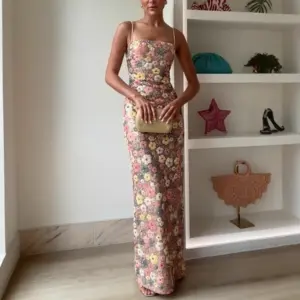 Summ Women Flowers Sequin Patchwork Slim Party Long Dress Strapless Fashion Maxi Dress, Sexy Sleeveless Ladies Dress Vestidos